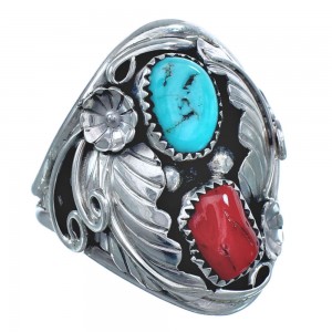 Authentic Sterling Silver Navajo Turquoise Coral Leaf Design Ring Size 10-3/4 AX122085