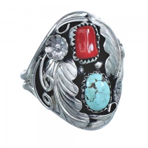 Authentic Sterling Silver Navajo Turquoise Coral Leaf Design Ring Size 11-1/2 AX122090