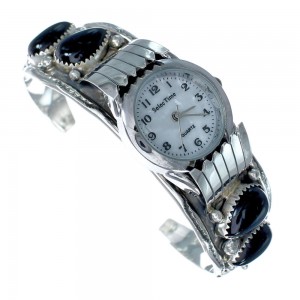 Native American Flower Onyx Sterling Silver Cuff Watch AX122681