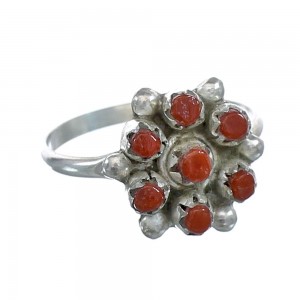 Native American Zuni Genuine Sterling Silver Coral Ring Size 7-1/4 JX122450