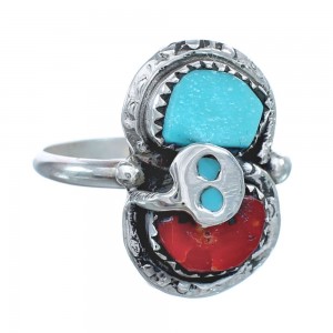 Zuni Turquoise Coral Authentic Sterling Silver Snake Ring Size 7 JX122482