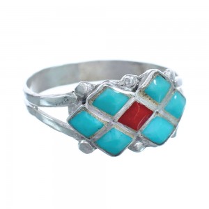 Native American Zuni Turquoise Coral Sterling Silver Ring Size 10 JX122577
