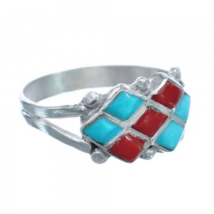 Native American Zuni Turquoise Coral Sterling Silver Ring Size 7-1/2 JX122582