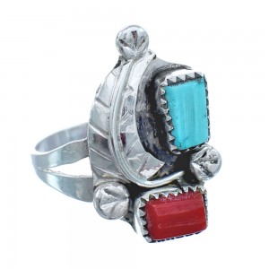 Zuni Turquoise And Coral Genuine Sterling Silver Feather Ring Size 7-3/4 AX122375
