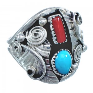 Navajo Turquoise And Coral Sterling Silver Leaf Ring Size 12 AX122346