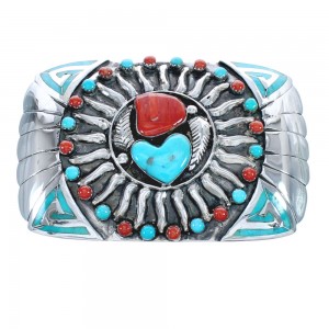 Coral And Turquoise Southwest Silver Sun And Heart Belt Buckle PX29140