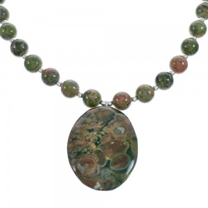 Native American Sterling Silver Unakite Pendant Bead Necklace JX123404