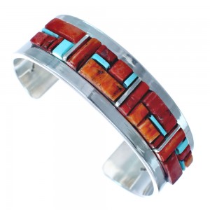 Navajo Sterling Silver Multicolor Cobble Inlay Cuff Bracelet AX123713