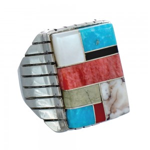  Native American Authentic Sterling Silver And Multicolor Ring Size 8-3/4 AX124000