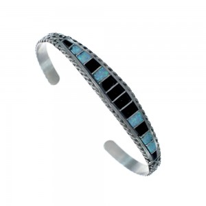 Native American Zuni Opal Jet Inlay Sterling Silver Cuff Bracelet JX123930