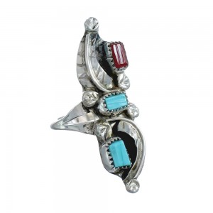 Native American Zuni Turquoise And Coral Leaf Ring Size 7-1/4 JX124120