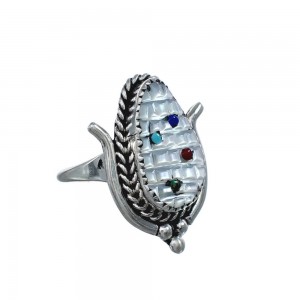 Native American Zuni Multicolor Multistone Sterling Silver Corn Ring Size 8-3/4 JX124152