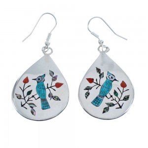 Native American Navajo Multicolor Sterling Silver Hummingbird Hook Dangle Earrings JX124264