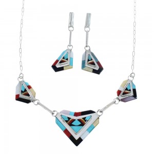 Native American Sterling Silver Multicolor Inlay Zuni Set AX124659