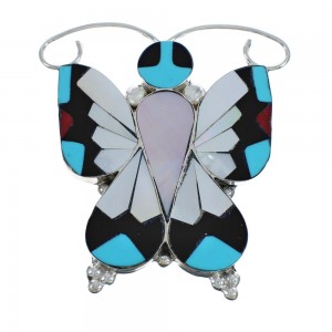 Native American Zuni Multicolor Sterling Silver Butterfly Pin Pendant JX124418
