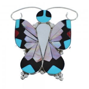 Native American Zuni Multicolor Sterling Silver Butterfly Pin Pendant JX124419