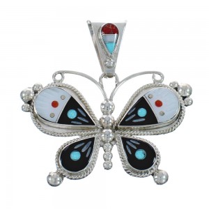 Native American Zuni Multicolor Sterling Silver Butterfly Pendant JX124522