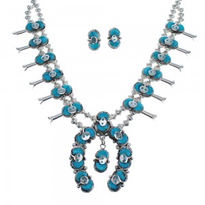 Zuni Turquoise Snake Squash Blossom Necklace And Earrings Set AX124757