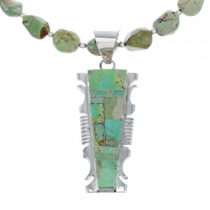 Native American Kingman Turquoise Inlay And Sterling Silver Navajo Bead Necklace And Pendant Set AX124777