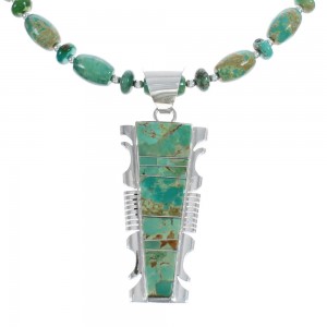 Native American Kingman Turquoise Inlay And Sterling Silver Navajo Bead Necklace And Pendant Set AX124783