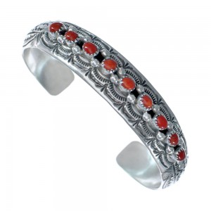 Native American Navajo Coral Sterling Silver Cuff Bracelet AX124847