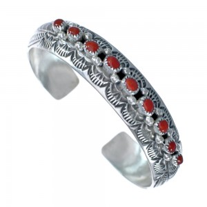 Native American Navajo Coral Sterling Silver Cuff Bracelet AX124849