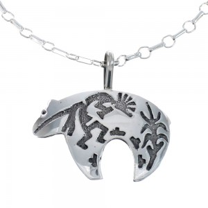 Navajo Bear And Kokopelli Pendant Sterling Silver Necklace JX125418