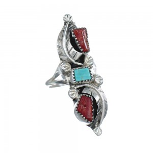 Sterling Silver Zuni Turquoise Coral Leaf Design Ring Size 6-1/4 AX125028