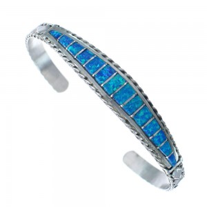 Native American Zuni Blue Opal Inlay Sterling Silver Cuff Bracelet JX124966