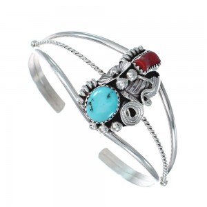 Sterling Silver Turquoise And Coral Navajo Leaf And Flower Cuff Bracelet JX125003