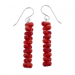 Native American Coral Sterling Silver Bead Hook Dangle Earrings AX125570