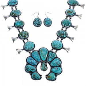 Kingman Turquoise Sterling Silver Navajo Naja Squash Blossom Necklace And Earrings Set AX125649