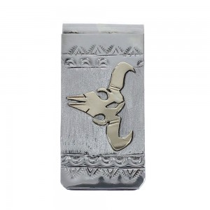 Native American Navajo Genuine Sterling Silver And 12KGF Cow Skull Money Clip AX126685