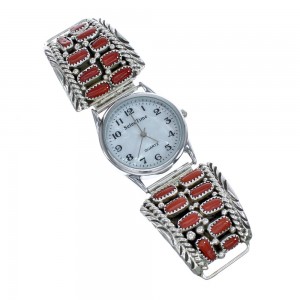 Navajo Genuine Sterling Silver Coral Stone Watch JX126442