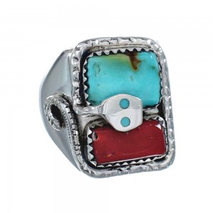 Zuni Sterling Silver Turquoise Coral Snake Ring Size 10-1/4 AX125798