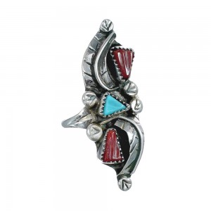 Sterling Silver Zuni Turquoise Coral Leaf Design Ring Size 7-3/4 AX125806