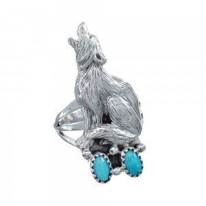 Navajo Wolf Sterling Silver Turquoise Ring Size 8-1/4 AX126416
