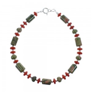 Native American Coral and Unakite Sterling Silver Bead Bracelet JX127010