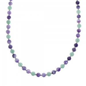 Native American Green Agate and Amethyst Sterling Silver Bead Necklace JX126872