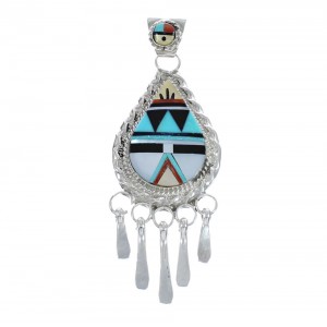 Native American Zuni Multicolor Sterling Silver Sun Tear Drop Pendant JX126419