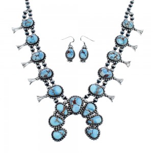 Navajo Genuine Sterling Silver Golden Hill Turquoise Squash Blossom Necklace Set JX127021