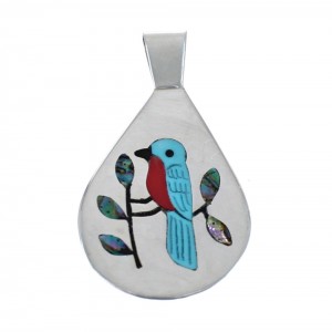 Multicolor Inlay Blue Jay Genuine Sterling Silver Zuni Pendant JX126697