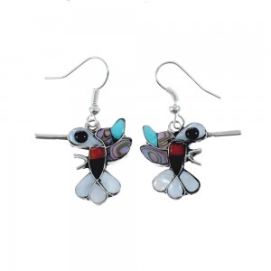 Zuni Hummingbird Sterling Silver Multicolor Hook Dangle Earrings JX126854