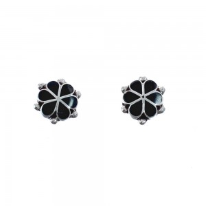 Native American Sterling Silver Jet Flower Post Stud Earrings JX126833