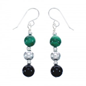 Sterling Silver Malachite Onyx Bead Hook Dangle Earrings JX127216