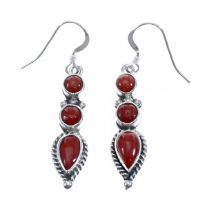 Native American Coral Sterling Silver Hook Dangle Earrings JX127315