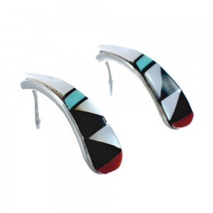Zuni Multicolor Inlay Sterling Silver Post Hoop Earrings AX127638