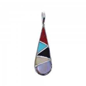 Native American Zuni Authentic Sterling Silver Multicolor Inlay Pendant JX127750