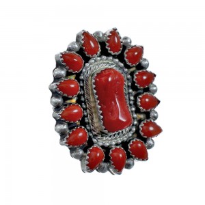 Native American Navajo Genuine Sterling Silver Coral Ring Size 7-1/4 AX127832