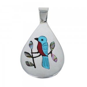 Multicolor Inlay Blue Jay Genuine Sterling Silver Zuni Pendant AX127954